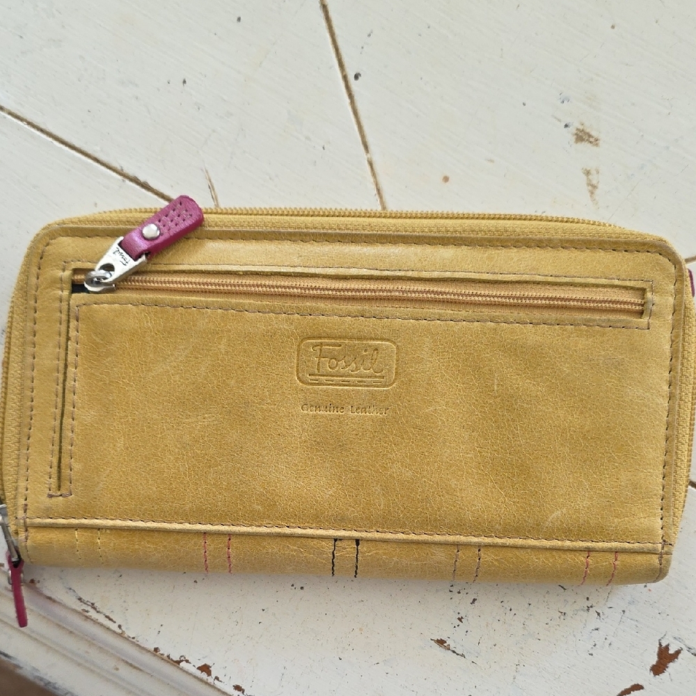 Fossil Mustard Leather Wallet with Pink Accents
